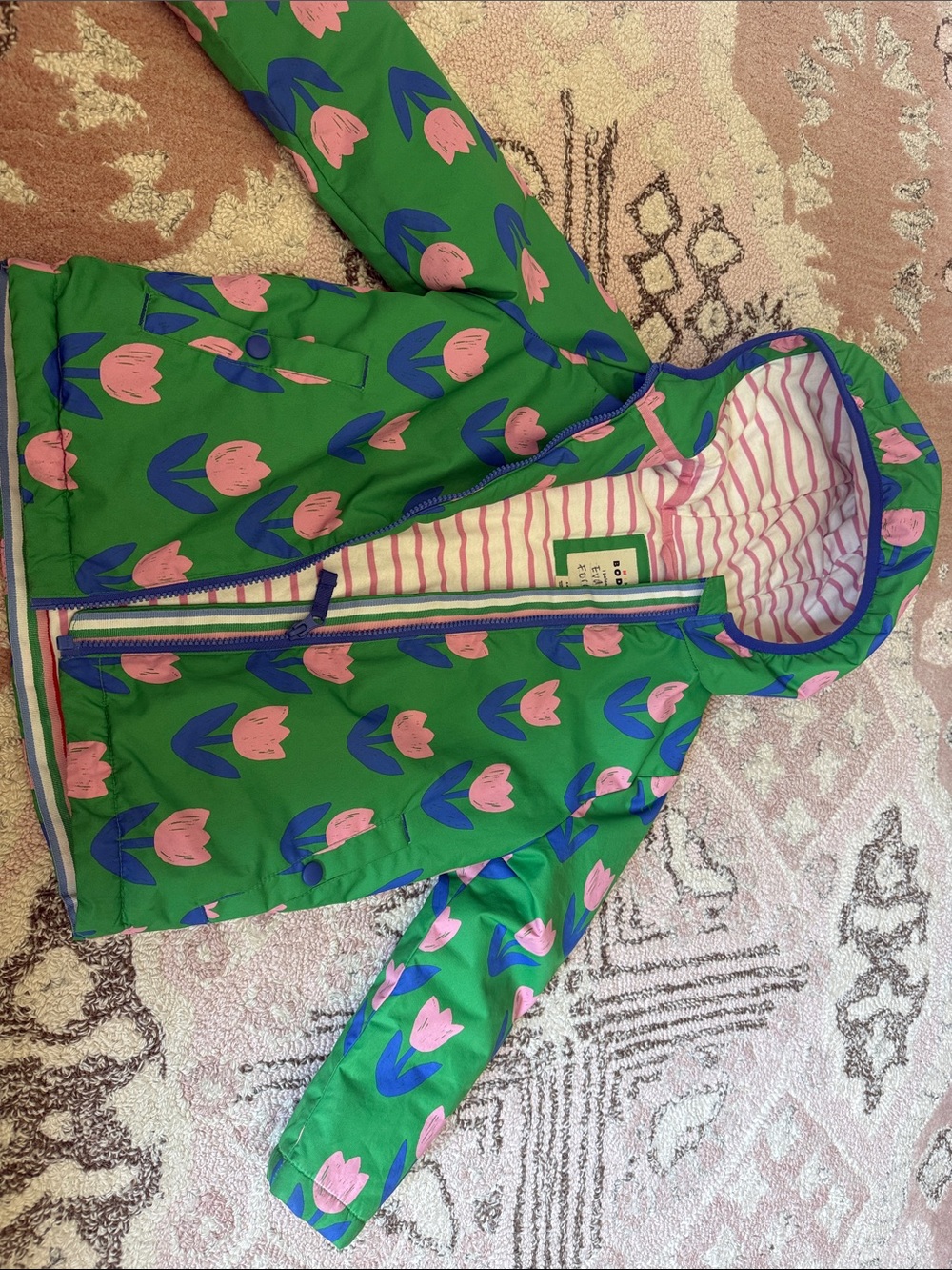 Mini Boden Green Hooded Raincoat with Pink & Blue Tulip Print